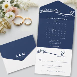 Invitation Tout En Un Mariage Calendrier du Monogramme du Coeur bleu mar