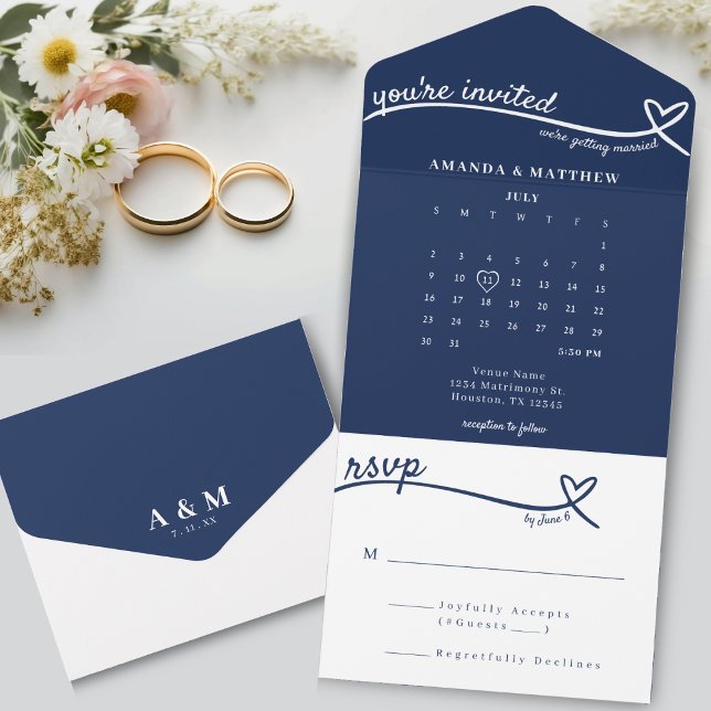 Invitation Tout En Un Mariage Calendrier du Monogramme du Coeur bleu mar (Nautical Blue Heart Monogram Calendar Wedding All In One Invitation
)