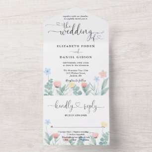Invitation Tout En Un Mariage calligraphié à l'encre aquarelle en forme 