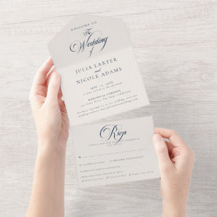 Invitation Tout En Un Mariage Calligraphie Bleu Ivoire Classique
