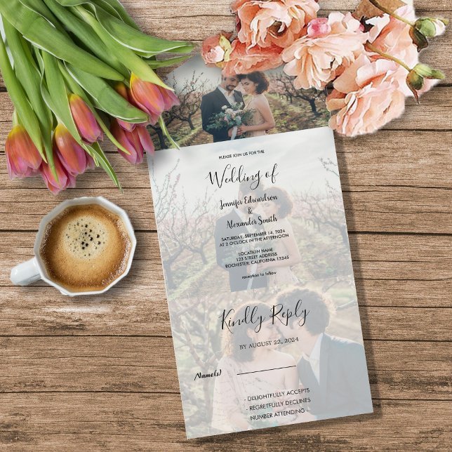 Invitation Tout En Un Mariage calligraphié élégant rustique (Rustic elegant calligraphy boho wedding all in one invitation. Invitation and RSVP in one.)