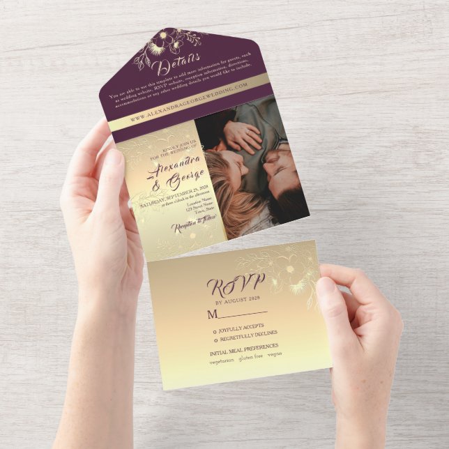Invitation Tout En Un Mariage Calligraphié Romantique en Or (Déchirure)
