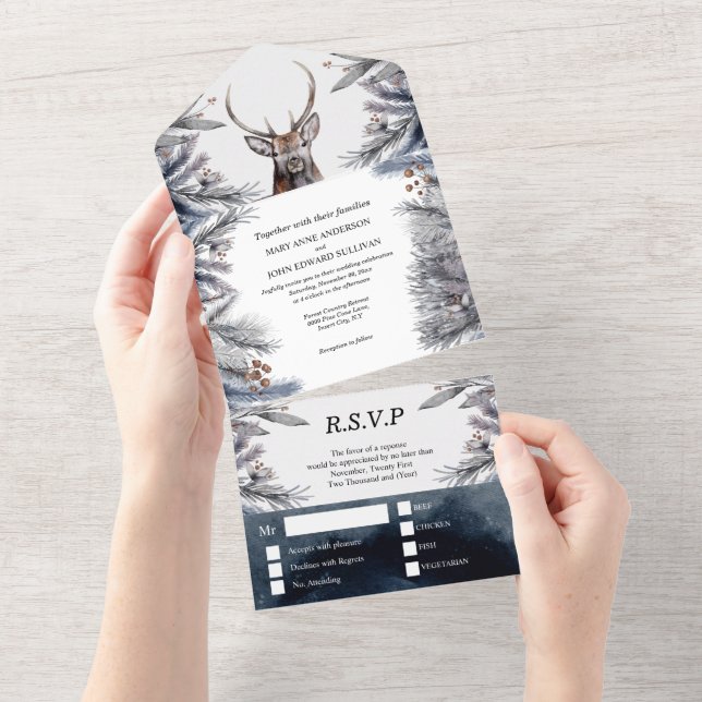 Invitation Tout En Un Mariage campagnard d'aquarelle bois cerf boho  (Déchirure)