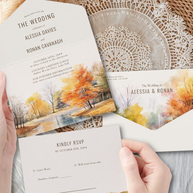 Invitation Tout En Un Mariage campagnard D'Aquarelle D'Automne Lake Tout (All in One Invitation with RSVP from the Fall Lake Wedding Collection by Darling & May )