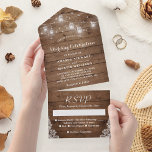 Invitation Tout En Un Mariage campagnard rustique Mason Jar<br><div class="desc">Ajoutez une touche de charme rustique à votre mariage campagnard avec cette rustique Mason Jar String Lights All In One Faire-part de mariage. Cette belle invitation présente un design rustique de bocal en maçon avec des lampes à cordes et des fleurs, parfait pour donner le ton à votre mariage campagnard....</div>