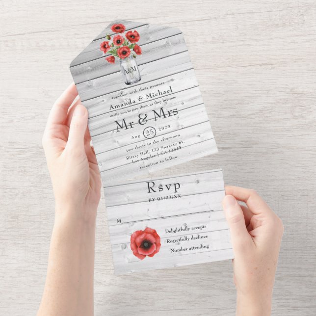 Invitation Tout En Un Mariage campagnard rustique Red Poppy (Déchirure)