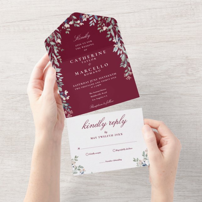 Invitation Tout En Un Mariage Cascade de Fleurs de Bourgogne (Déchirure)