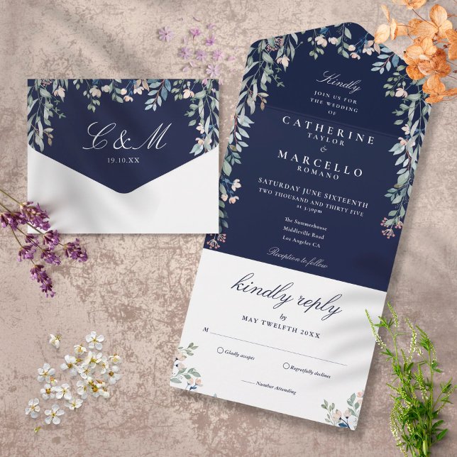 Invitation Tout En Un Mariage Cascade Marine Blue Floral Greenery (Créateur téléchargé)