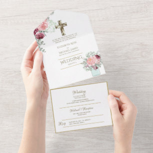 Invitation Tout En Un Mariage catholique 3in1 Invite Floral Gold RSVP