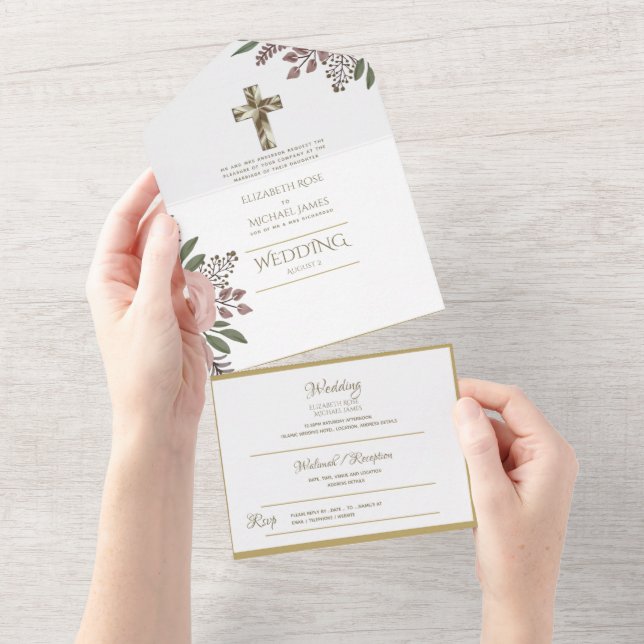 Invitation Tout En Un Mariage catholique 3in1 Invite Floral Gold RSVP (Déchirure)