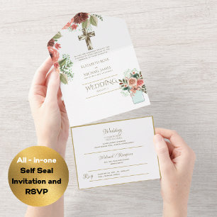 Invitation Tout En Un Mariage catholique 3in1 Invite Floral Gold RSVP