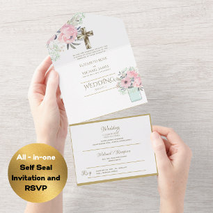 Invitation Tout En Un Mariage catholique 3in1 Invite Floral Gold RSVP