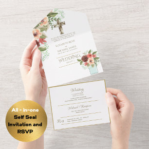 Invitation Tout En Un Mariage catholique 3in1 Invite Floral Gold RSVP