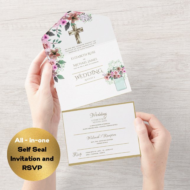Invitation Tout En Un Mariage catholique 3in1 Invite Floral Gold RSVP (Créateur téléchargé)