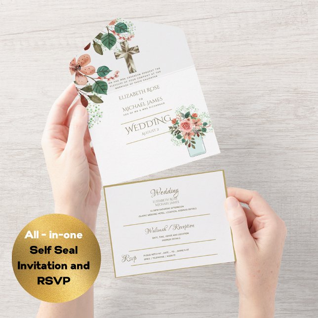 Invitation Tout En Un Mariage catholique 3in1 Invite Floral Gold RSVP (Créateur téléchargé)