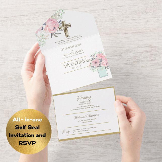 Invitation Tout En Un Mariage catholique 3in1 Invite Floral Gold RSVP (Créateur téléchargé)