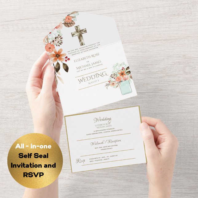 Invitation Tout En Un Mariage catholique 3in1 Invite Floral Gold RSVP (Créateur téléchargé)