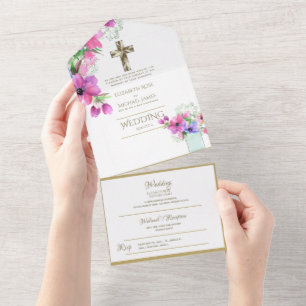 Invitation Tout En Un Mariage catholique 3in1 Invite Floral Gold RSVP