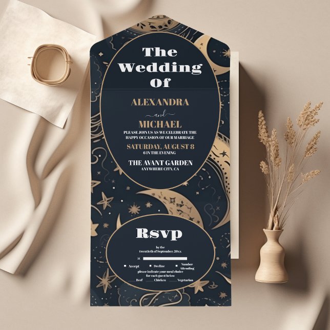 Invitation Tout En Un Mariage céleste bleu nuit or (Créateur téléchargé)