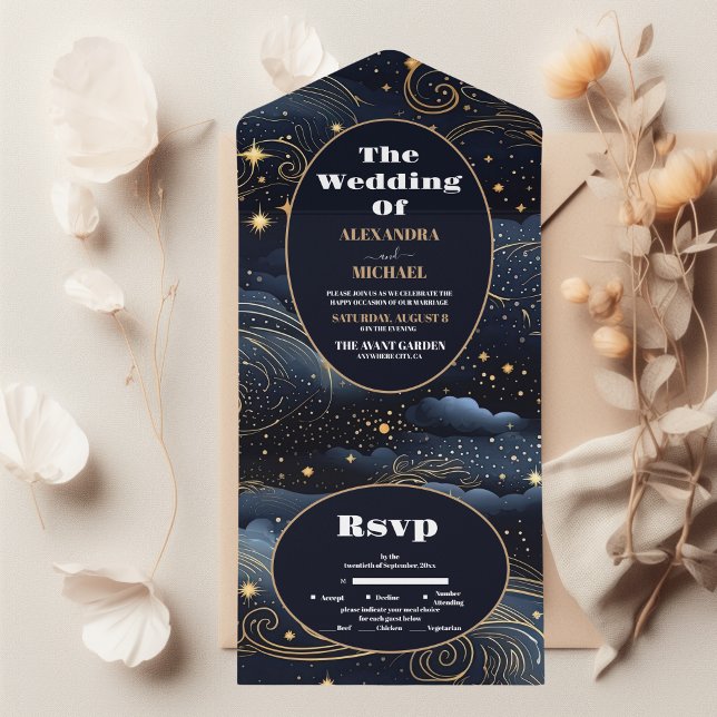 Invitation Tout En Un Mariage céleste de minuit bleu étoiles de lune (Créateur téléchargé)
