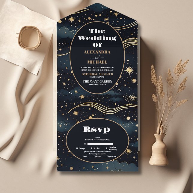 Invitation Tout En Un Mariage céleste de minuit bleu étoiles de lune (Créateur téléchargé)