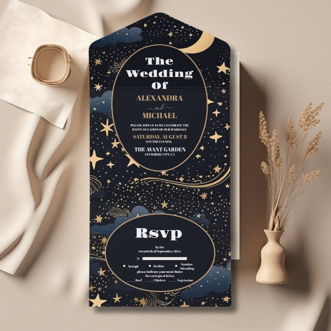 Invitation Tout En Un Mariage céleste de minuit bleu étoiles de lune (Créateur téléchargé)
