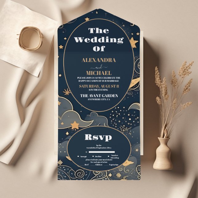 Invitation Tout En Un Mariage céleste d'or bleu de minuit (Créateur téléchargé)