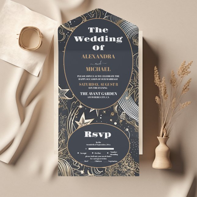 Invitation Tout En Un Mariage céleste élégant argent or (Créateur téléchargé)