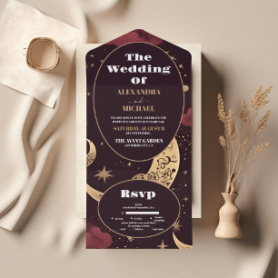 Invitation Tout En Un Mariage céleste élégant bordeaux or