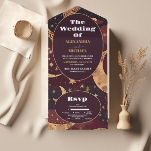 Invitation Tout En Un Mariage céleste élégant bordeaux or