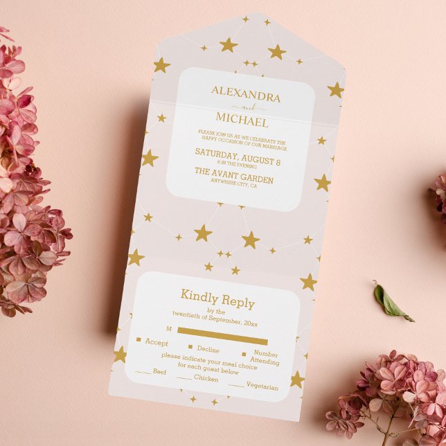 Invitation Tout En Un Mariage céleste élégant rose et or (Créateur téléchargé)
