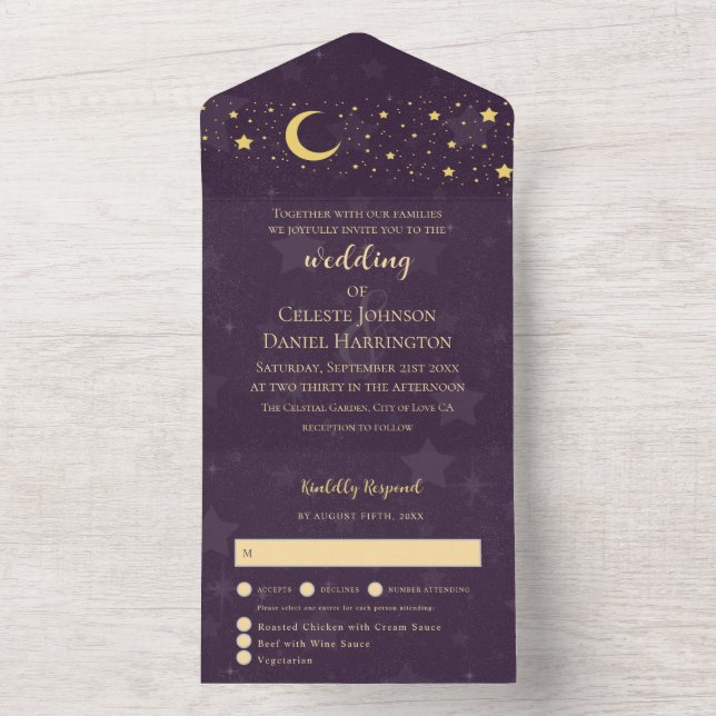 Invitation Tout En Un Mariage céleste Lune violette profonde et étoiles (À l'intérieur)