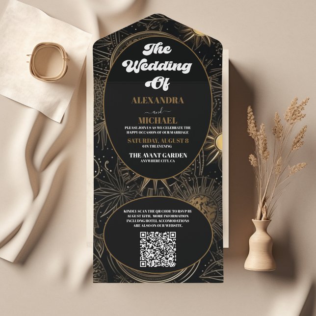 Invitation Tout En Un Mariage Céleste Noir Or Code QR (Créateur téléchargé)