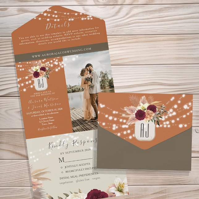 Invitation Tout En Un Mariage Champêtre avec Pot Mason Fleuris (Créateur téléchargé)