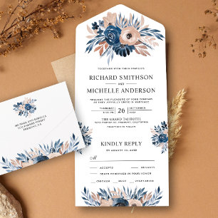 Invitation Tout En Un Mariage Champêtre Bleu Nuit et Floral Beige