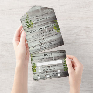 Invitation Tout En Un Mariage champêtre en bois rustique, automne, fougè