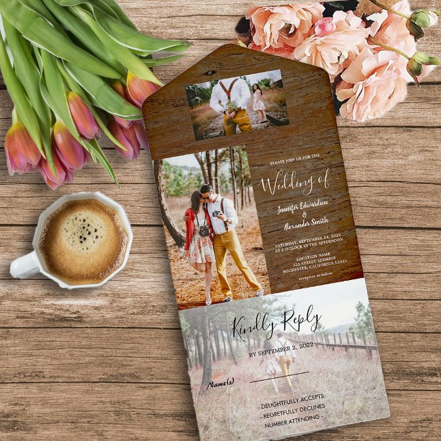 Invitation Tout En Un Mariage champêtre en bois rustique photo (Rustic wood photo all in one  wedding invitation. For your rustic country wedding.)