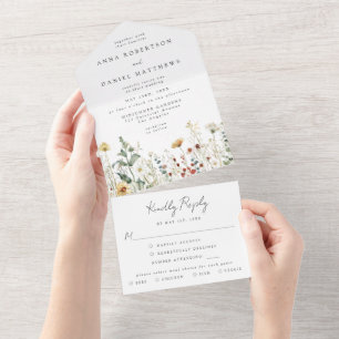 Invitation Tout En Un Mariage Champêtre en Été avec Fleurs Sauvages