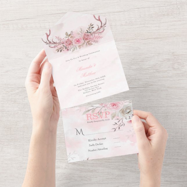 Invitation Tout En Un Mariage Chic Blush Pink Peony Sage Deer Antlers (Déchirure)