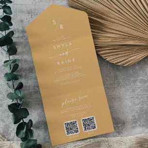 Invitation Tout En Un Mariage chic bohème jaune marigold à double code Q