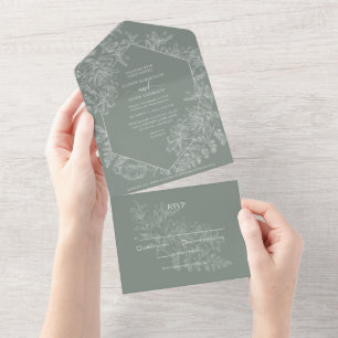 Invitation Tout En Un Mariage Chic Botanique Floral Vert Sauge Blanc