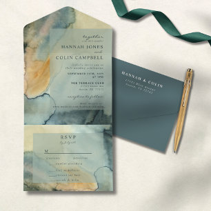 Invitation Tout En Un Mariage chic en granit bleu vert Aquarelle