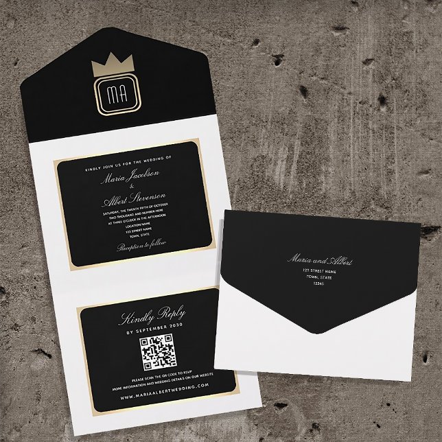 Invitation Tout En Un Mariage chic en noir et blanc avec code QR (Créateur téléchargé)