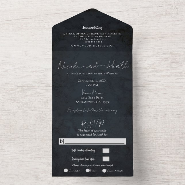 Invitation Tout En Un Mariage chic moderne texture bleu marine photo (À l'intérieur)