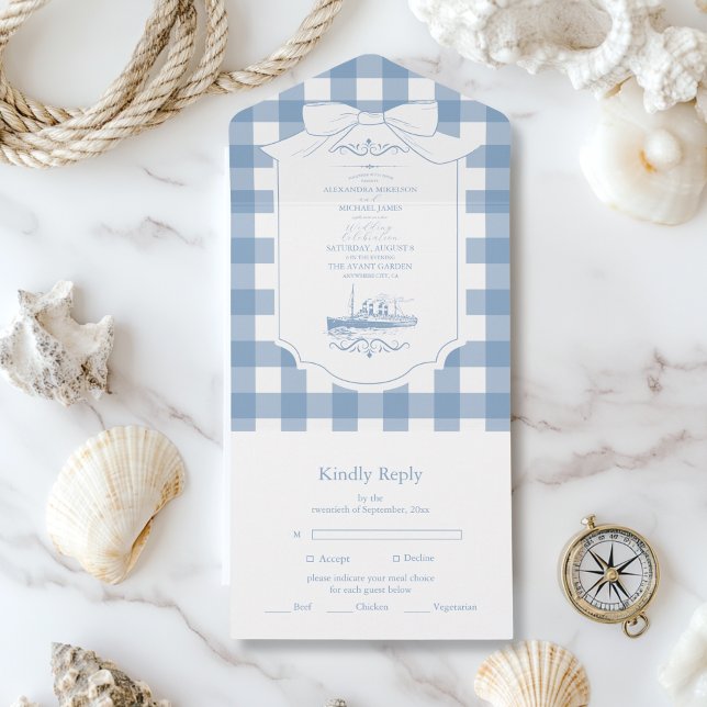 Invitation Tout En Un Mariage Chic Nautique Coquette Bow (Créateur téléchargé)