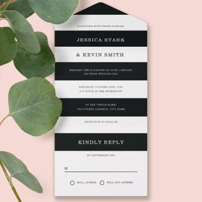 Invitation Tout En Un Mariage chic noir et blanc rayures (Créateur téléchargé)