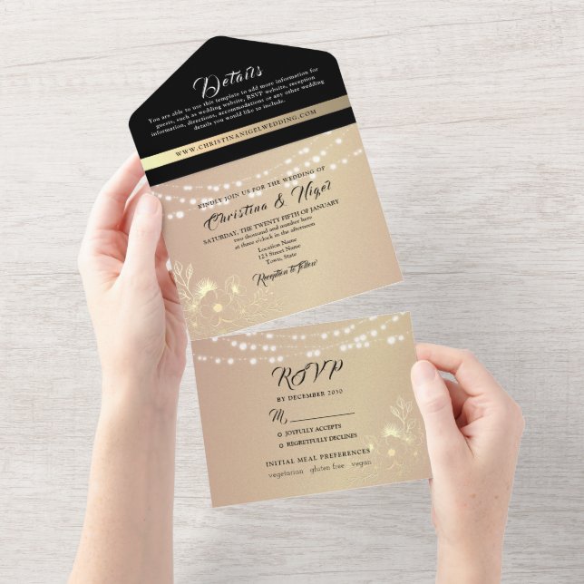Invitation Tout En Un Mariage chic noir et rose (Déchirure)