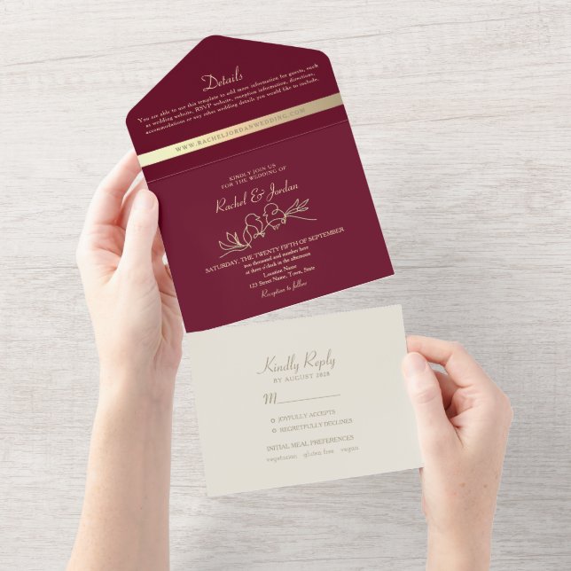Invitation Tout En Un Mariage Chic Or et Bourgogne (Déchirure)