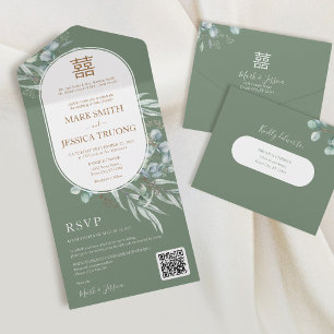 Invitation Tout En Un Mariage chinois à cadre rond Eucalyptus