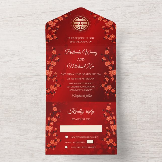 Invitation Tout En Un Mariage Chinois Fleur Orientale (À l'intérieur)